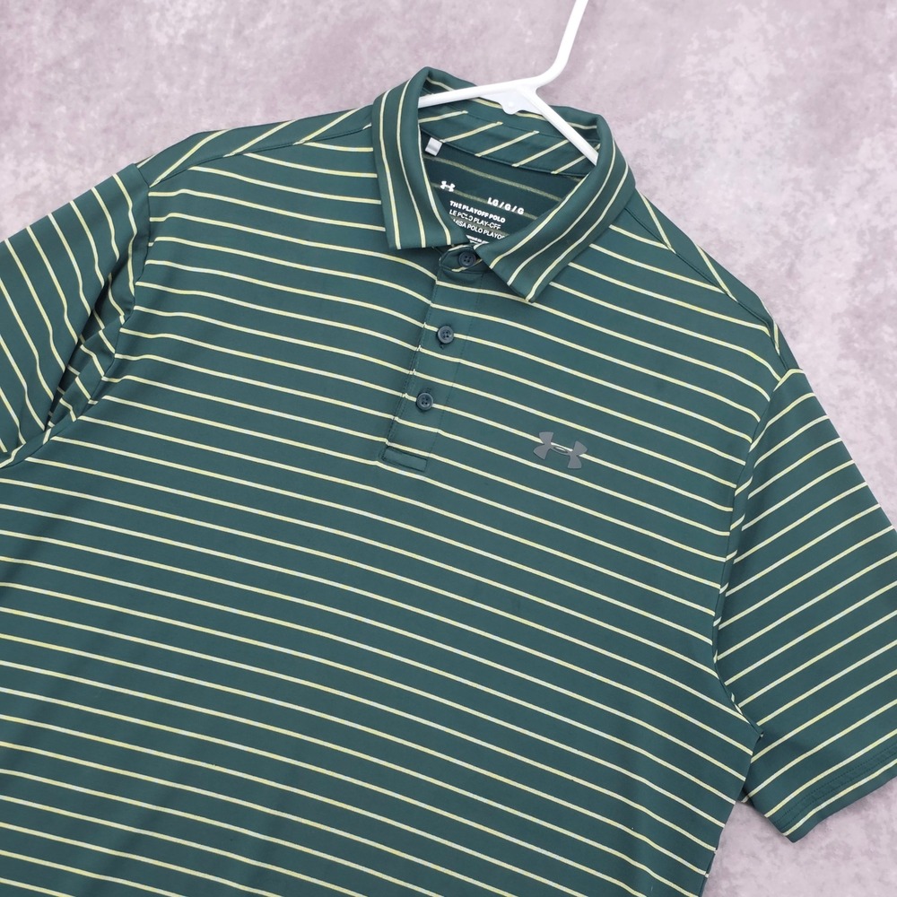 Under Armour Golf Polo Shirt Mens L Performance Playoff Green Yellow Striped Top